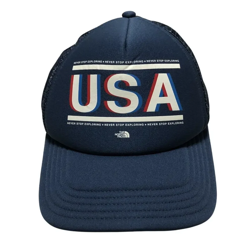 USA Trucker Hat The North Face Snap Strap Cap Mesh Blue Screen Printed Patriotic